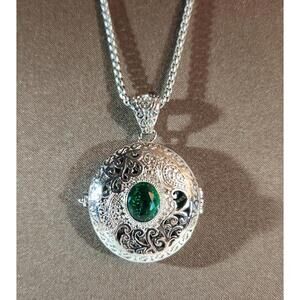 Large Fashion Locket Silver with Green Crystal - Filigree - With Chain 22 in.